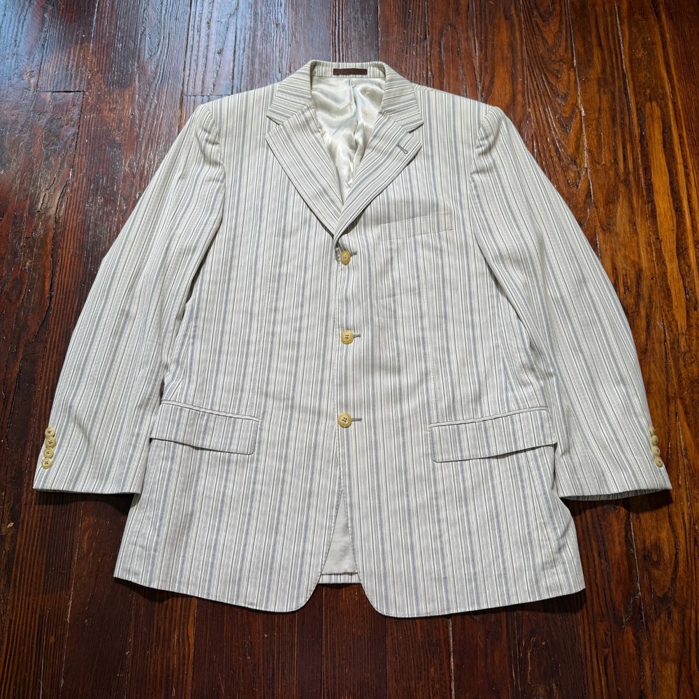 VTG Jhane Barnes Sportcoat Mens‎ 42R Gray Blue Stripes Nylon Blend 3 Button